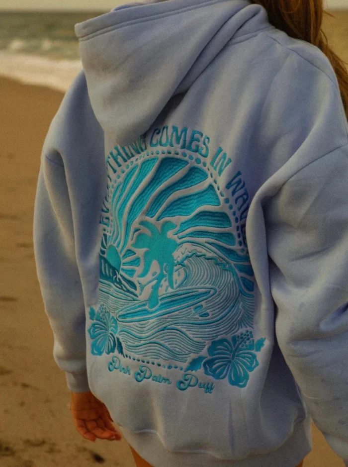 Pink Palm Puff Everything Comes in Waves Blue Hoodie