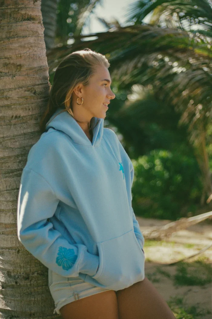 Pink Palm Puff Everything Comes in Waves Blue Hoodie